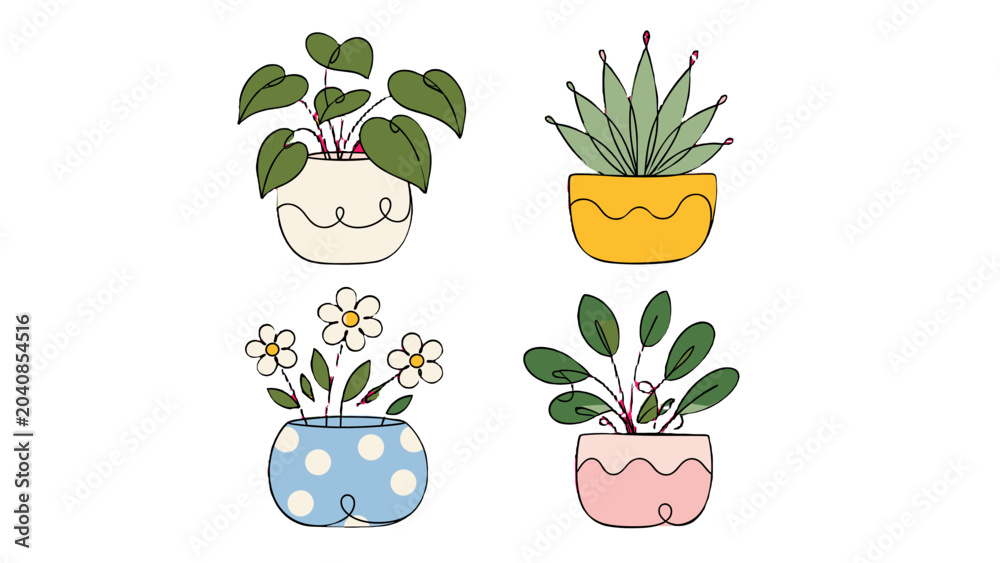 Fototapeta premium Hand drawn potted plants and flowers in cute decorative pots