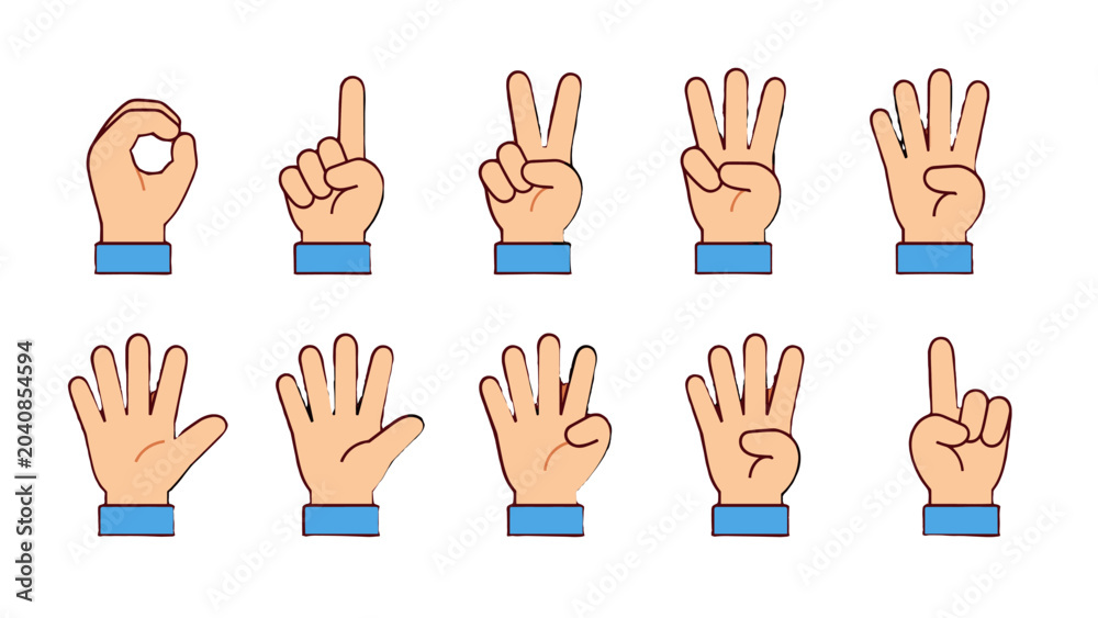 Fototapeta premium Hand counting gestures from zero to nine in simple vector style