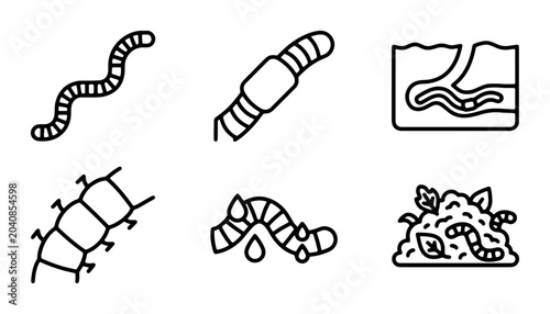 Photos Worm Icons Set: Earthworm, Larva, Soil Burrow, Compost, Insect Vector Graphics