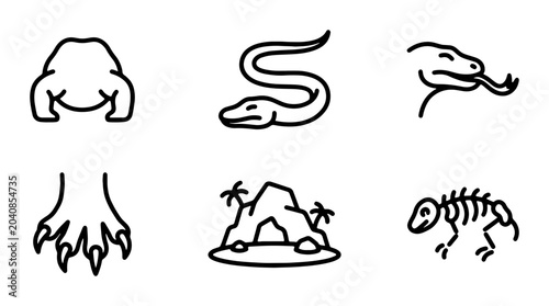 Photography Reptile Icons Set: Lizard, Snake, Claw, Skeleton, Cave, Vector Graphics