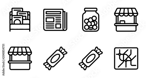 Photos Set of 8 Simple Outline Icons: Market Stall, Newspaper, Jar, Map, Bookshelf, Can