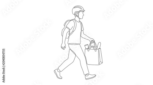 Foto Delivery cyclist walking with groceries, line art illustration