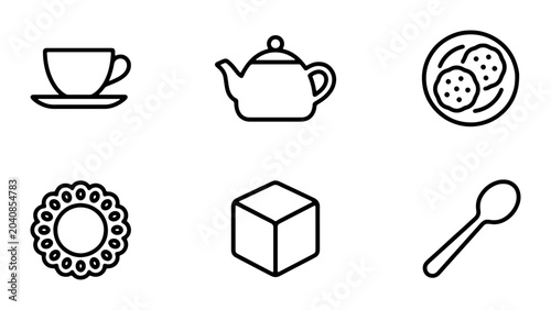 Quadro su tela Tea Time Icons Set: Cup, Teapot, Cookies, Sugar Cube, Spoon, Vector Graphics