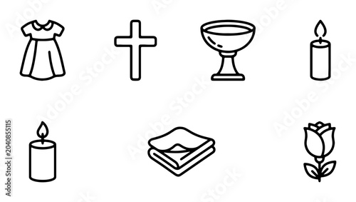 Obraz na płótnie Religious Ceremony Icons: Baptism Dress, Cross, Chalice, Candle, Rose, Cloth Set