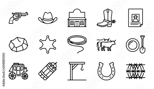 Foto Western Cowboy Icons Set, Wild West Vector Graphics, Rodeo Symbols, Americana Co