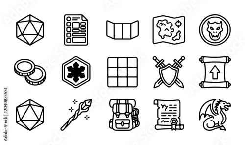 Bild auf Leinwand Fantasy RPG Icons, Dungeons and Dragons Game Elements, Adventure Quest Symbols,