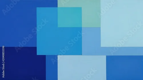 Panel kuchenny z motywem Abstract composition uses overlapping squares in various blue shades. Geometric blocks create a modern design. Clean lines suggest simplicity and order. Art piece has a tranquil feel.