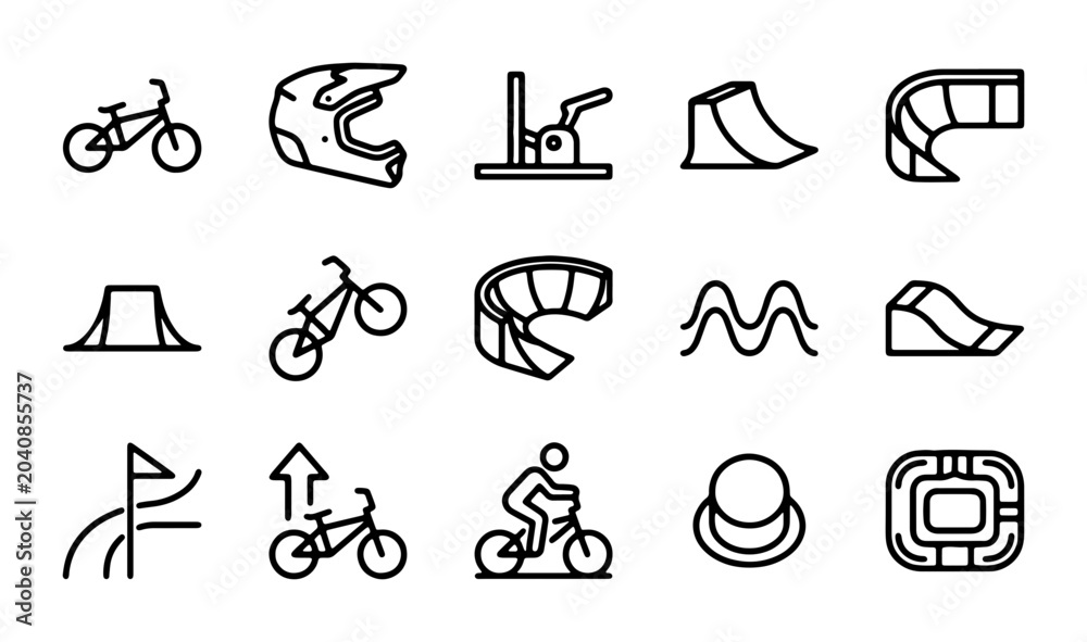 Fototapeta premium BMX Bike Icons, Extreme Sports Gear, and Obstacle Elements Set