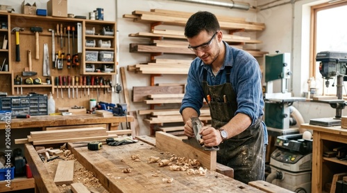 A man wearing safety glasses and an apron is carefully planing a piece of wood on a large workbench in a well-equipped woodworking shop.