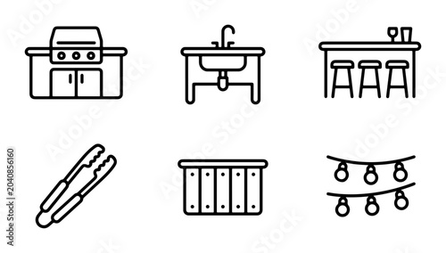 Canvastavla Outdoor Kitchen Icons Set: Grill, Sink, Bar, Tongs, Cabinet, String Lights Vecto