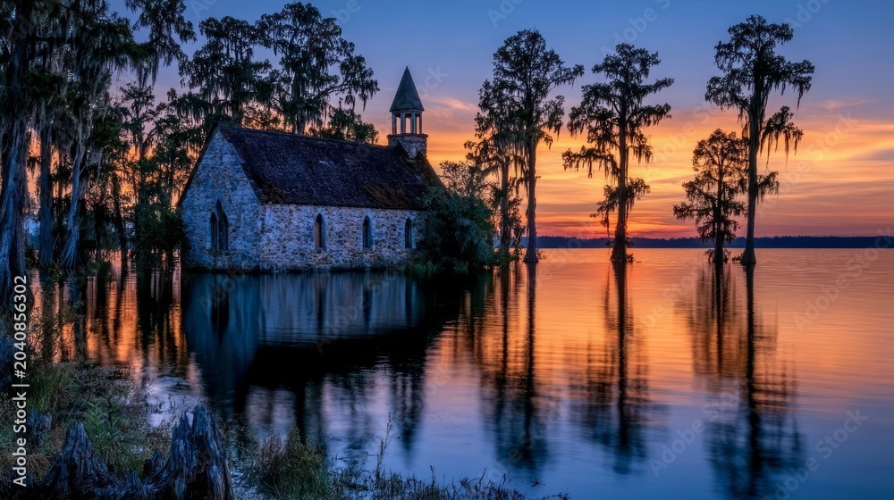 Fototapeta premium Abandoned Church Partially Submerged in Flooded Forest at Sunset with Tranquil Water Reflections