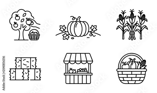 Bild auf Leinwand Autumn Harvest Icons: Apple Picking, Pumpkin Patch, Corn Stalks, Hay Bales, Farm