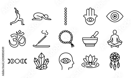 Photos Spiritual Symbols Vector Icons: Yoga, Om, Hamsa, Eye, Crystals, Lotus, Dreamcatc