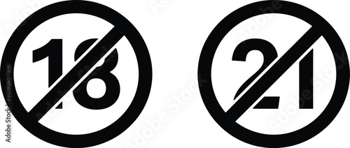 Foto Prohibited age signs featuring 18 and 21 years old symbols for regulation and wa