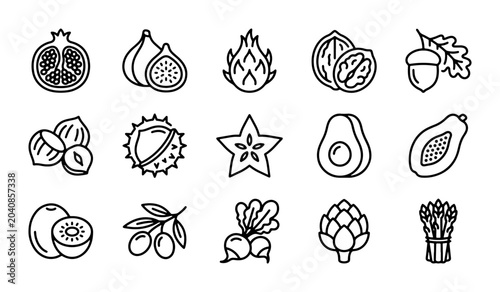 Bild auf Leinwand Fresh Fruit and Vegetable Icons, Healthy Food Line Art Vector Set, Organic Produ