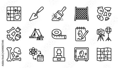 Foto Archaeology Icons Set: Dig Site Grid, Tools, Artifacts, Tent, Map, Bones, Museum