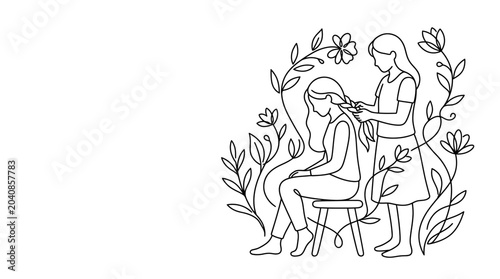 Bilde på lerret Two girls braiding hair surrounded by floral elements, line art illustration