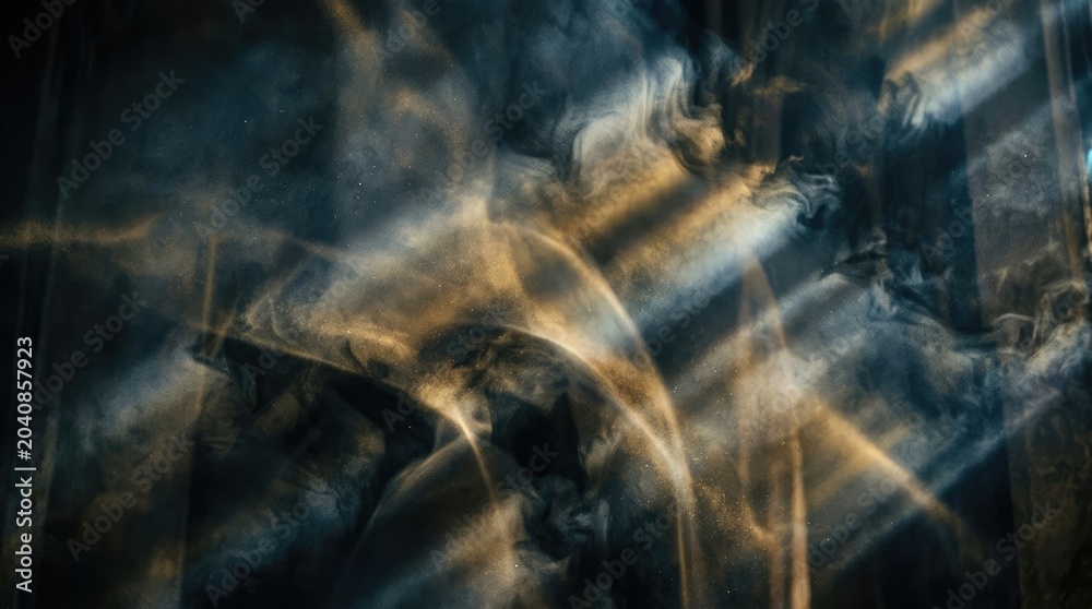 Fototapeta premium Golden light streams through a dark, misty space, illuminating a dragon's silhouette. The dragon's form is partially obscured by swirling smoke and dust, creating a dramatic and ethereal effect.