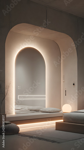 Soft minimalist archway bedroom niche with ambient LED lighting, low platform bed, round bedside lamp, neutral tones, calm atmosphere