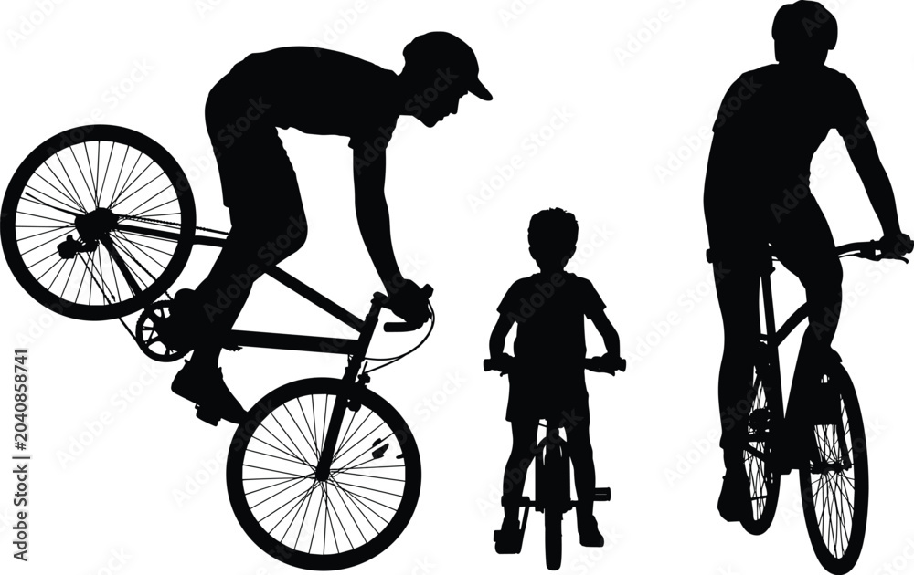 Fototapeta premium Diverse set of cyclist silhouettes featuring a stunt rider, a child on a bicycle, and an adult riding isolated on white background