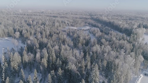 Drone flying forward diagonally over forest