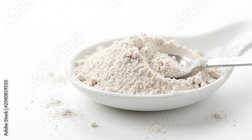 White mineral supplement powder in ceramic bowl on white background