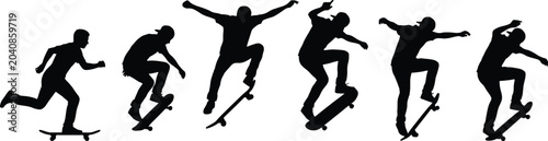 Konstfotografi Skateboarder Silhouette Set Performing Kickflip and Ollie Tricks in Motion, Extr