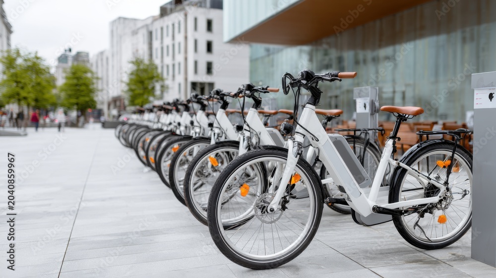 Fototapeta premium Row electric rental bikes lined up for dockbased sharing service, empty city plaza framed by modern architecture and treelined walkway, polished frames and visible handlebars, front wheels locked into
