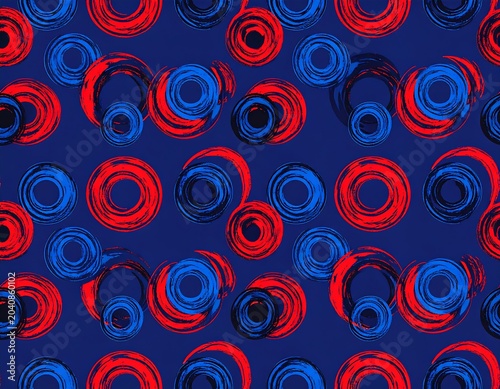 Vivid Red and Blue Circular Brushstroke Pattern Repeating on Dark Blue Background