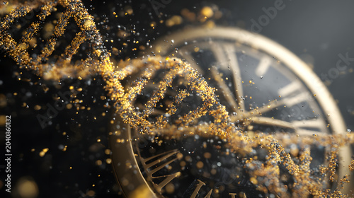 Golden dna helix, antique clock face, molecular particles, time theme, epigenetic clock reversal markers, glittering strands, suspended particles