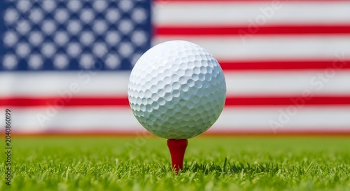 Golf ball on tee, american flag background, independence day, sports theme.