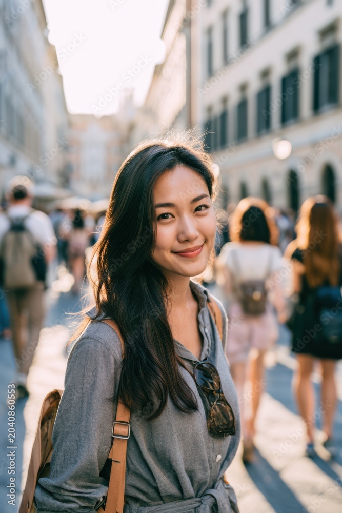 Fototapeta premium Wandering With Wonder — An Asian Tourist Exploring the City