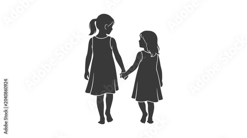 Schilderij op canvas Two young sisters holding hands, silhouette illustration, childhood friendship