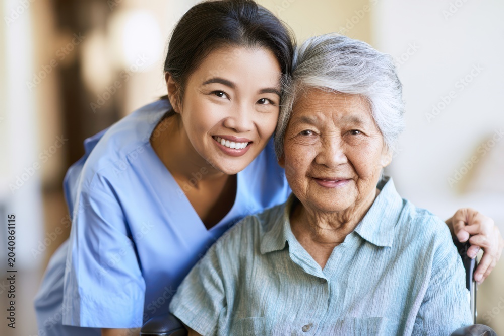 Obraz premium Warmth and Wellness - An Asian Nurse Caring for the Elderly