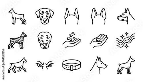 Schilderij op canvas Doberman Pinscher Dog Icons Set, Vector Line Art, Pet Breed Graphics, Canine Sil