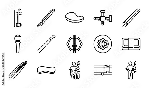 Fotografía Chinese Erhu Musical Instrument Icons, Traditional Stringed Performance Elements