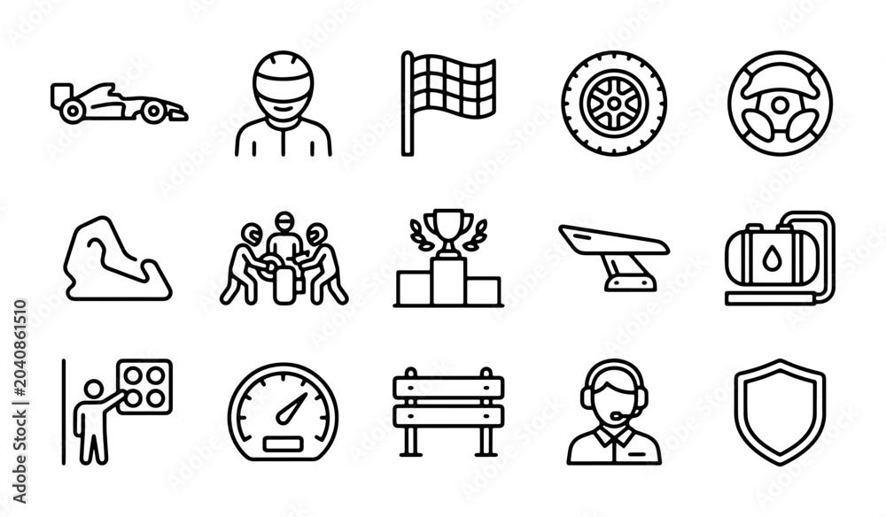 Obraz premium Formula 1 Racing Icons Set: Speed, Victory, and Motorsport Vector Graphics for Sports and Competition