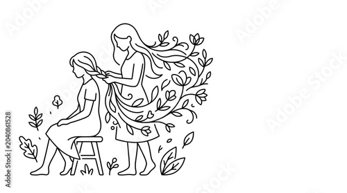 Photography Woman braiding hair with floral elements, illustration, beauty, nature