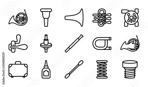 Tableau sur toile Musical Instrument Repair Icons, Brass Wind Parts, Maintenance Tools, Vector Set