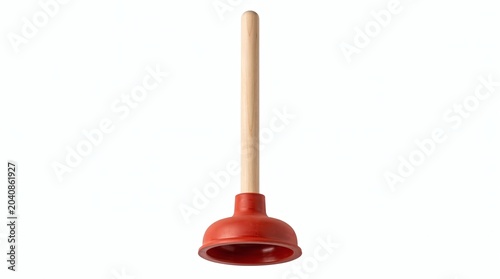 Red rubber toilet plunger with wooden handle isolated on white background