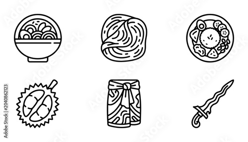 Schilderij op canvas Asian Food Icons, Tropical Fruit, Traditional Clothing, Cultural Dagger, Vector