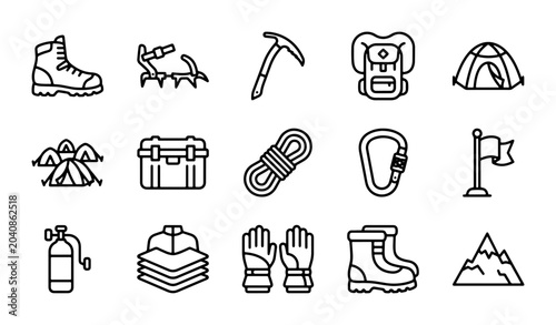Schilderij op canvas Mountain Climbing Gear Icons Set, Adventure Equipment Vector Collection, Outdoor