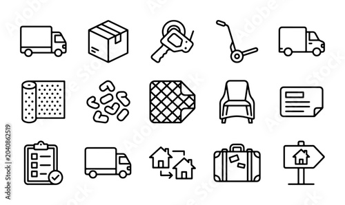 Quadro su tela Moving Icons Set: Logistics, Transport, Packing, and Home Relocation Vector Grap