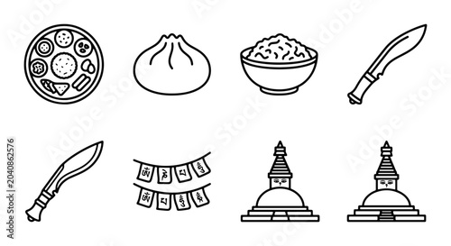 Cuadro en lienzo Nepal Icons: Traditional Food, Culture, and Symbols Vector Set