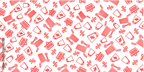 Seamless pattern with shopping bag, shopping cart shopping basket and percent. Shopping themed seamless pattern background in doodle style. Shopping themed doodle pattern design vector.