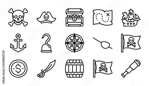 Tableau sur toile Pirate Icons Set: Skull, Treasure Chest, Map, Ship, Anchor, Hook, Compass, Spygl