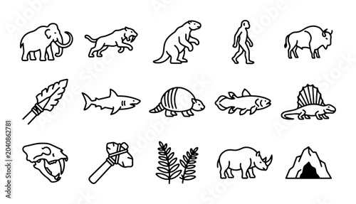 Photos Prehistoric Icons Set: Mammoth, Saber-tooth Cat, Evolution, Caveman, Bison, Tool