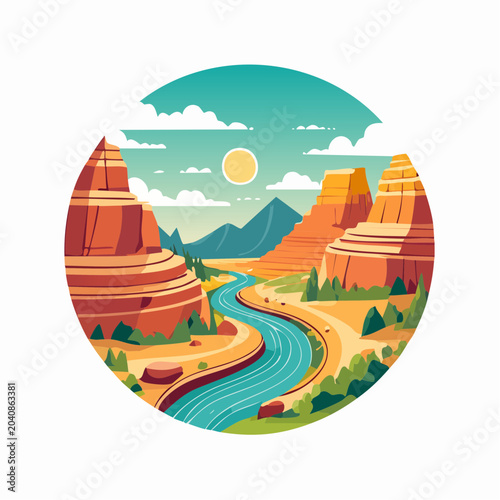 Stylized Grand Canyon Landscape with River and Mountains