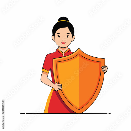 Woman in Traditional Chinese Dress Holding a Shield