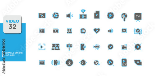 32 Video Media Player Editable Stroke Line Icons Set